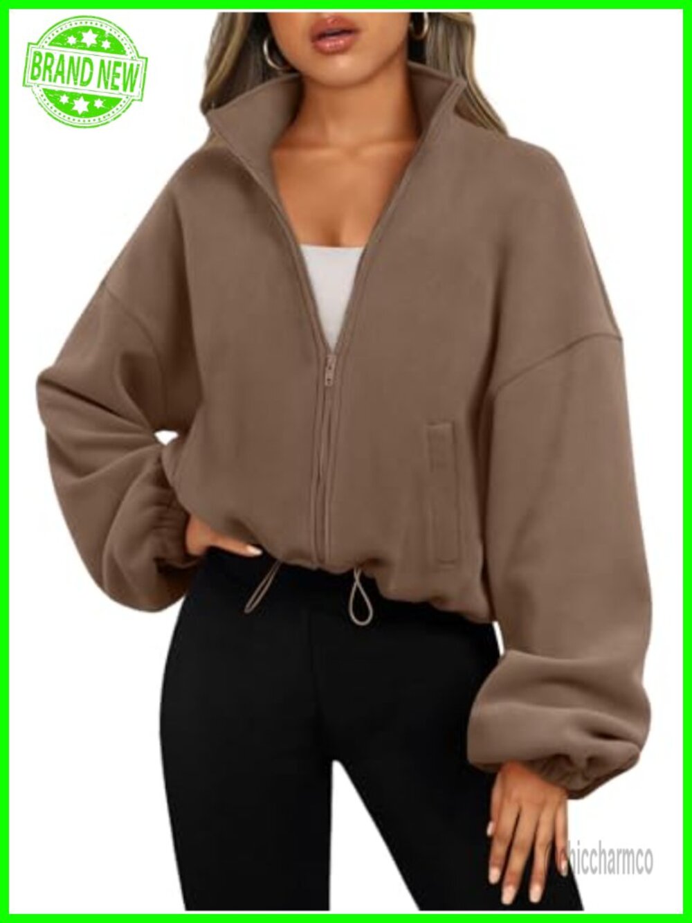 Oversized Cropped Fleece Jacket Zip Up Long Sleeve Casual Sweatshirt